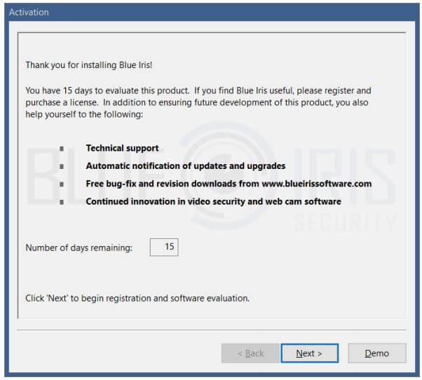 Software activation window Blue Iris activation window