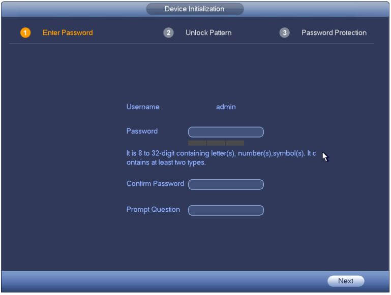 Dahua DVR Password Setup Screen Dahua DVR Password Setup Screen