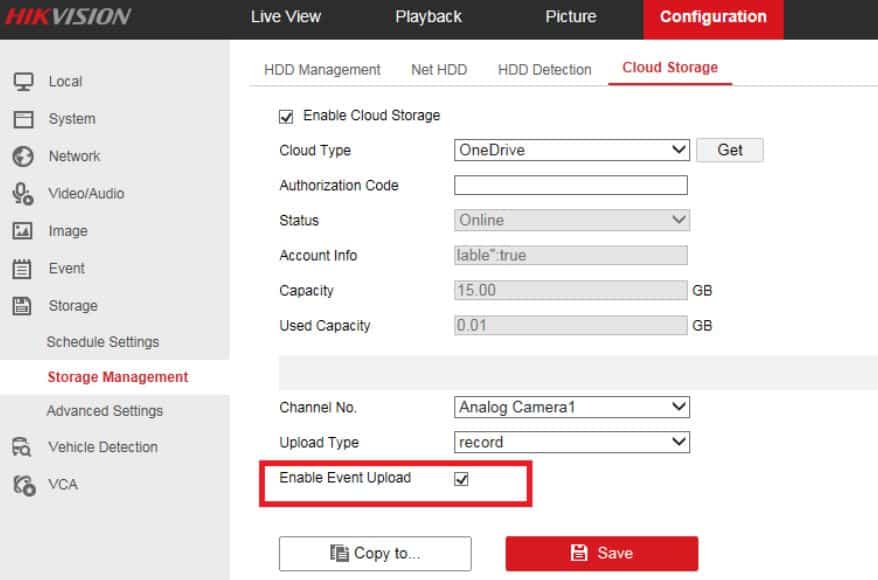 Hikvision One Drive Enable Event Upload One Drive Authorization Code