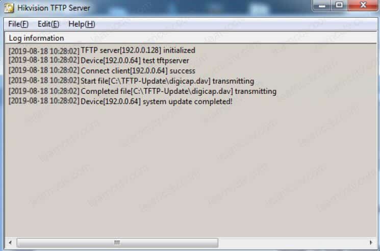 Hikvision TFTP Server transmitting complete Hikvision TFTP Server transmitting complete