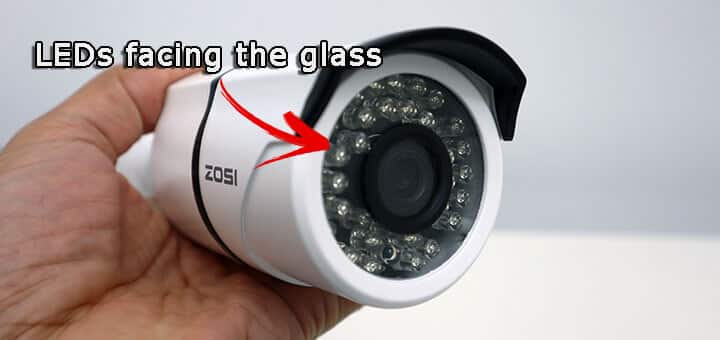 Security camera with LEDs facing the glass Security camera with LEDs facing the glass