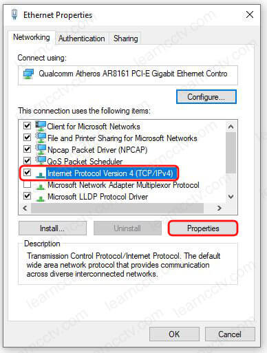 Windows Ethernet Properties Windows Ethernet Properties