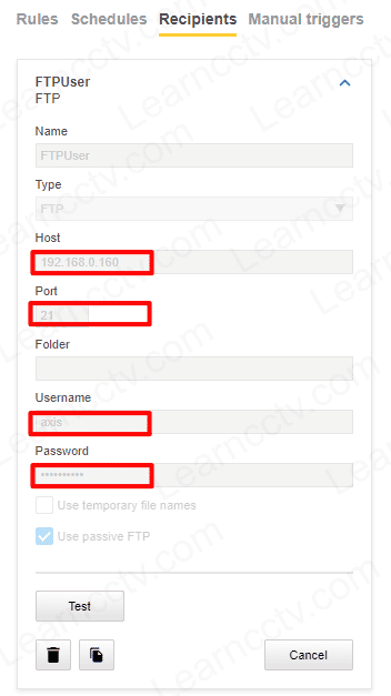 FTP Recipient configuration on Axis Camera FTP Recipient configuration on Axis Camera
