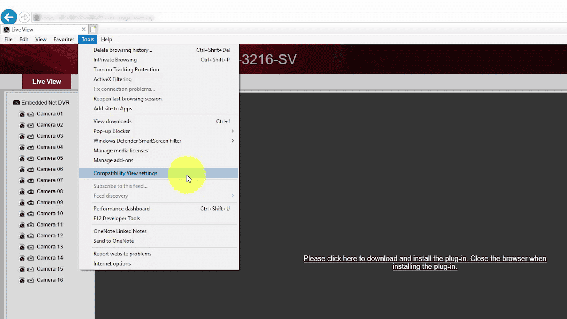 Hikvision DVR message Please click here to download plug-in compatibility mode Menu Compatibility View Settings