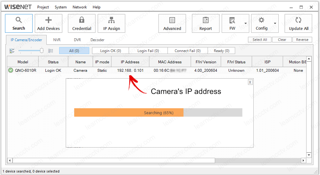 Wisenet Device Manager finds camera IP Wisenet Device Manager finds camera IP